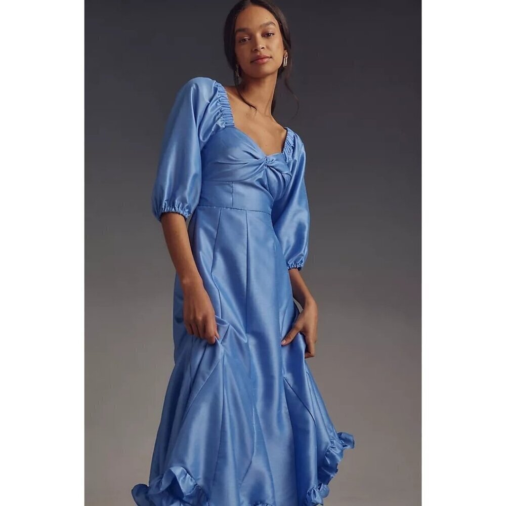 Anthropologie HUTCH Twist Front Puff Sleeve Ruffle Hem Dress Sky Blue Size XS